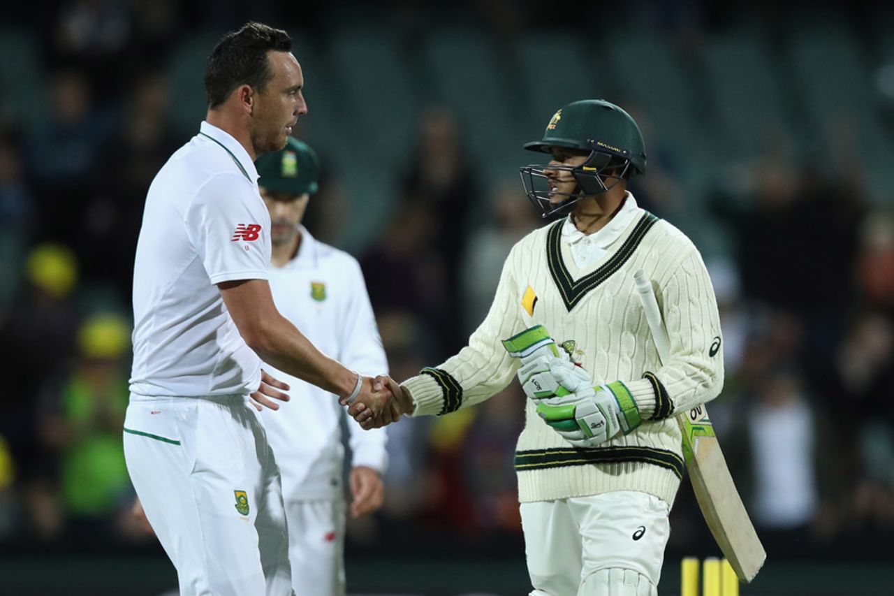 Kyle Abbott shakes hands with Usman Khawaja at the end of play, Australia v South Africa, 3rd Test, Adelaide, 2nd day, November 25, 2016