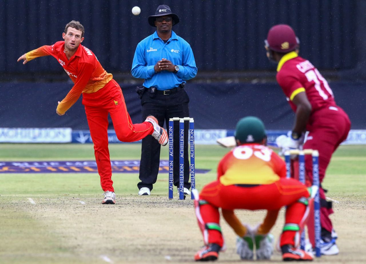 Sean Williams bowls to Jonathan Carter, Zimbabwe v West Indies, 6th tri-series ODI, Bulawayo, November 25, 2016