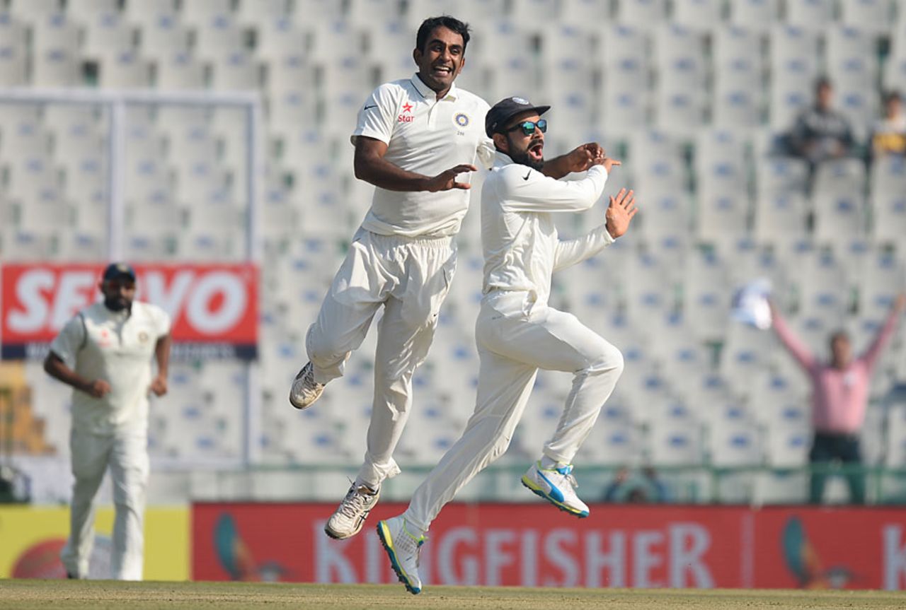 Jayant Yadav celebrates the dismissal of Joe Root, India v England, 3rd Test, Mohali, 1st day, November 26, 2016
