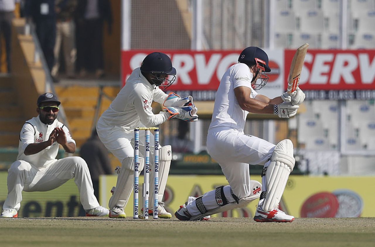 Parthiv Patel snaffles the edge offered by Alastair Cook, India v England, 3rd Test, Mohali, 1st day, November 26, 2016
