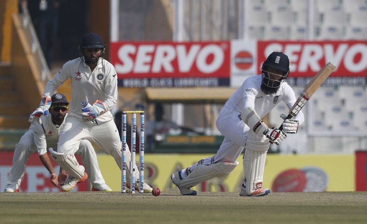 Moeen Ali tucks to the leg side, India v England, 3rd Test, Mohali, 1st day, November 26, 2016