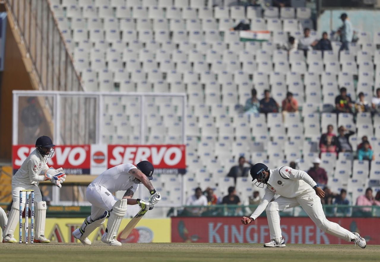 Ben Stokes blocks to silly point, India v England, 3rd Test, Mohali, 1st day, November 26, 2016