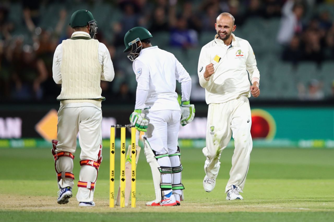Nathan Lyon is pleased with the wicket of Temba Bavuma, Australia v South Africa, 3rd Test, Adelaide, 3rd day, November 26, 2016