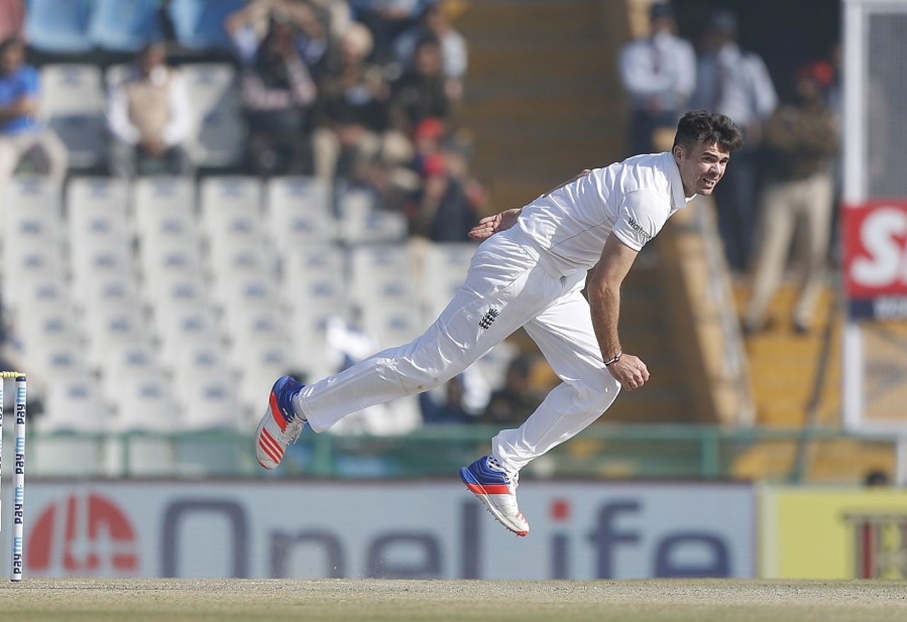 James Anderson mid air on his bowling follow through, India v England, 3rd Test, Mohali, 2nd day, November 27, 2016