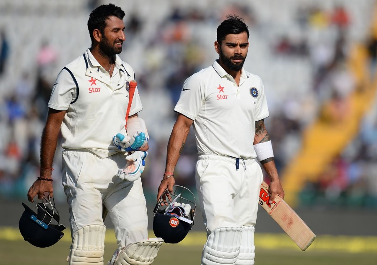 Cheteshwar Pujara and Virat Kohli added 75 runs for the third wicket, India v England, 3rd Test, Mohali, 2nd day, November 27, 2016