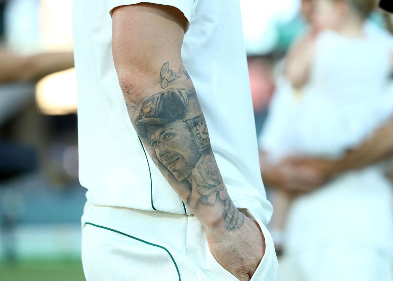 Matthew Wade's tattoo of Phillip Hughes, Australia v South Africa, 3rd Test, Adelaide, 4th day, November 27, 2016