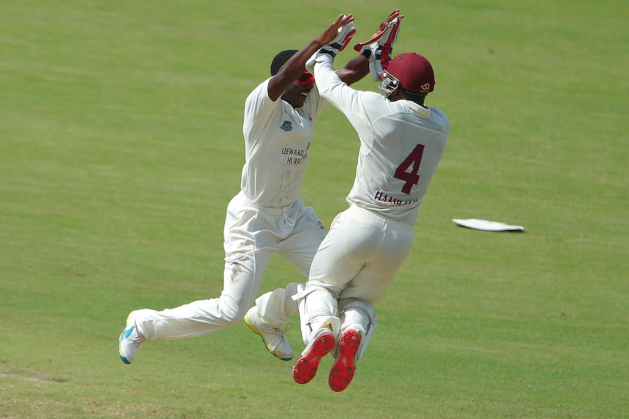 Hayden Walsh and Jahmar Hamilton celebrate a wicket, Trinidad & Tobago v Leeward Islands, WICB Professional Cricket League Regional 4 Day Tournament, 3rd day, November 27, 2016
