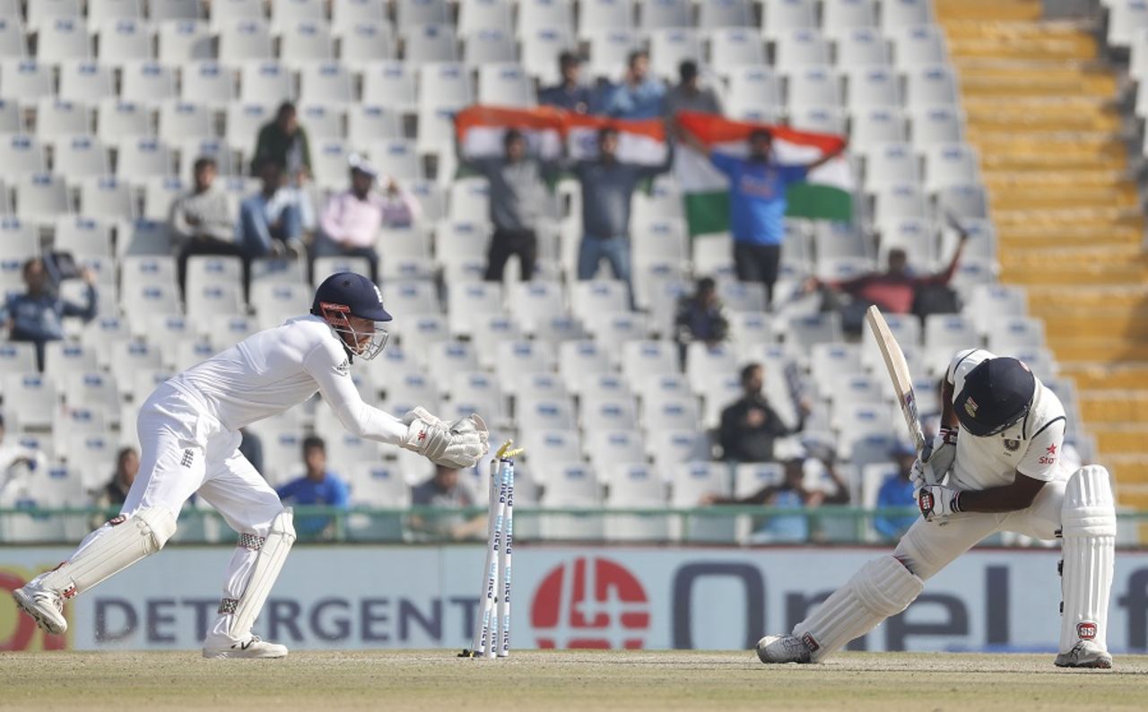 Jayant Yadav survives an attempt at a stumping, India v England, 3rd Test, Mohali, 3rd day, November 28, 2016