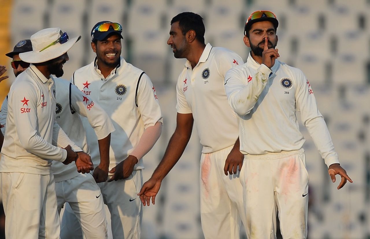 Virat Kohli comes up with a silent celebration after Ben Stokes' dismissal, India v England, 3rd Test, Mohali, 3rd day, November 28, 2016