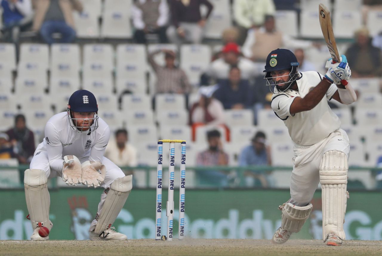 Cheteshwar Pujara plays a cover drive, India v England, 3rd Test, Mohali, 4th day, November 29, 2016