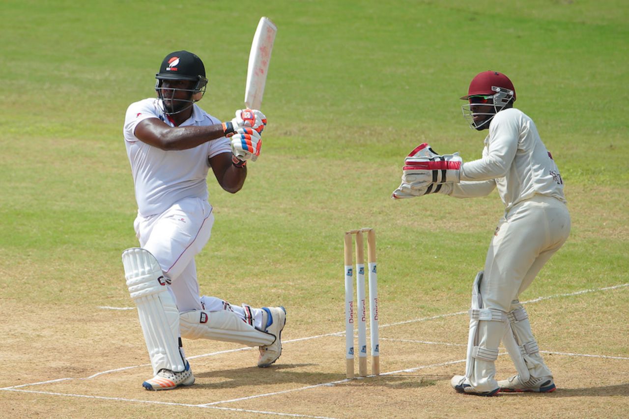 Roshon Primus pulls during his knock of 42, Trinidad & Tobago v Leeward Islands, WICB Professional Cricket League Regional 4 Day Tournament, Port of Spain, 3rd day, November 27, 2016
