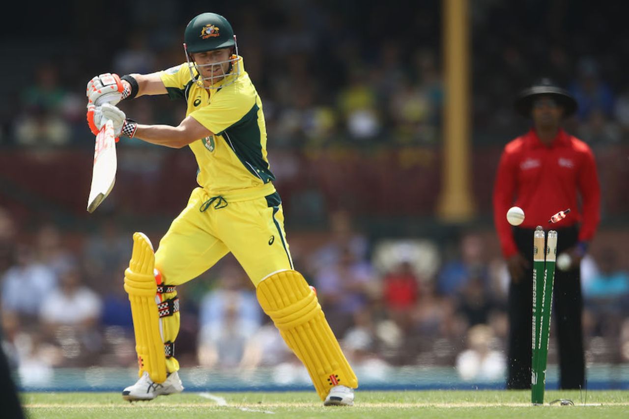 David Warner inside edged on to his stumps, Australia v New Zealand, 1st ODI, Sydney, December 4, 2016