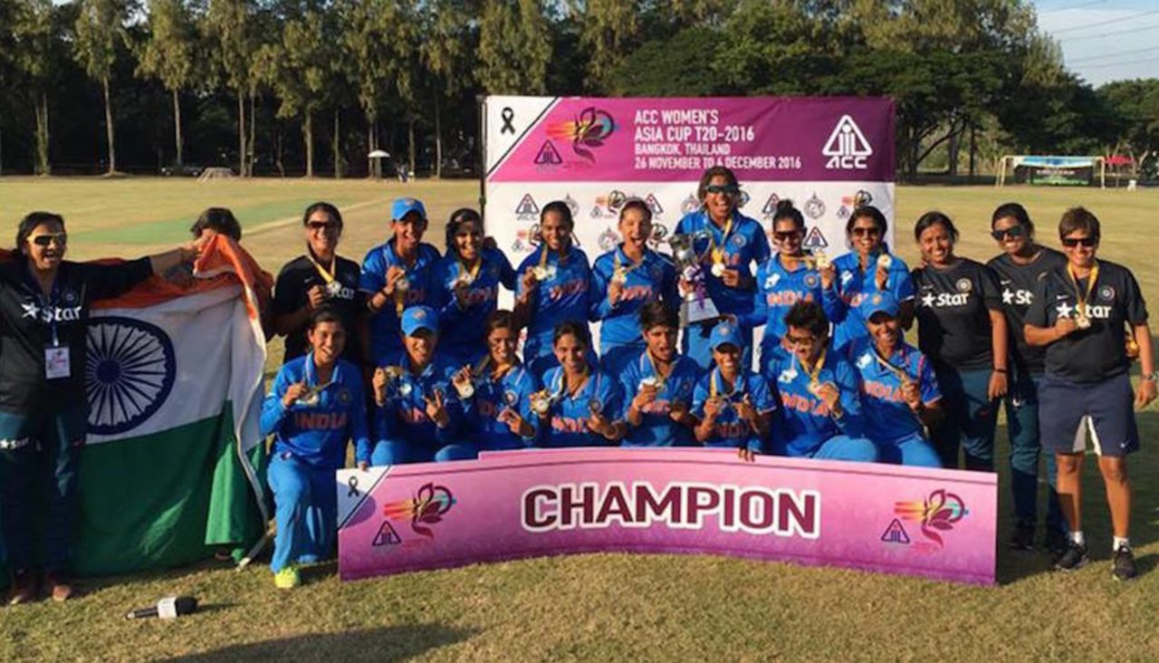 The victorious Indian team with the Asia Cup trophy, India v Pakistan, Women's T20 Asia Cup final, Bangkok, December 4, 2016