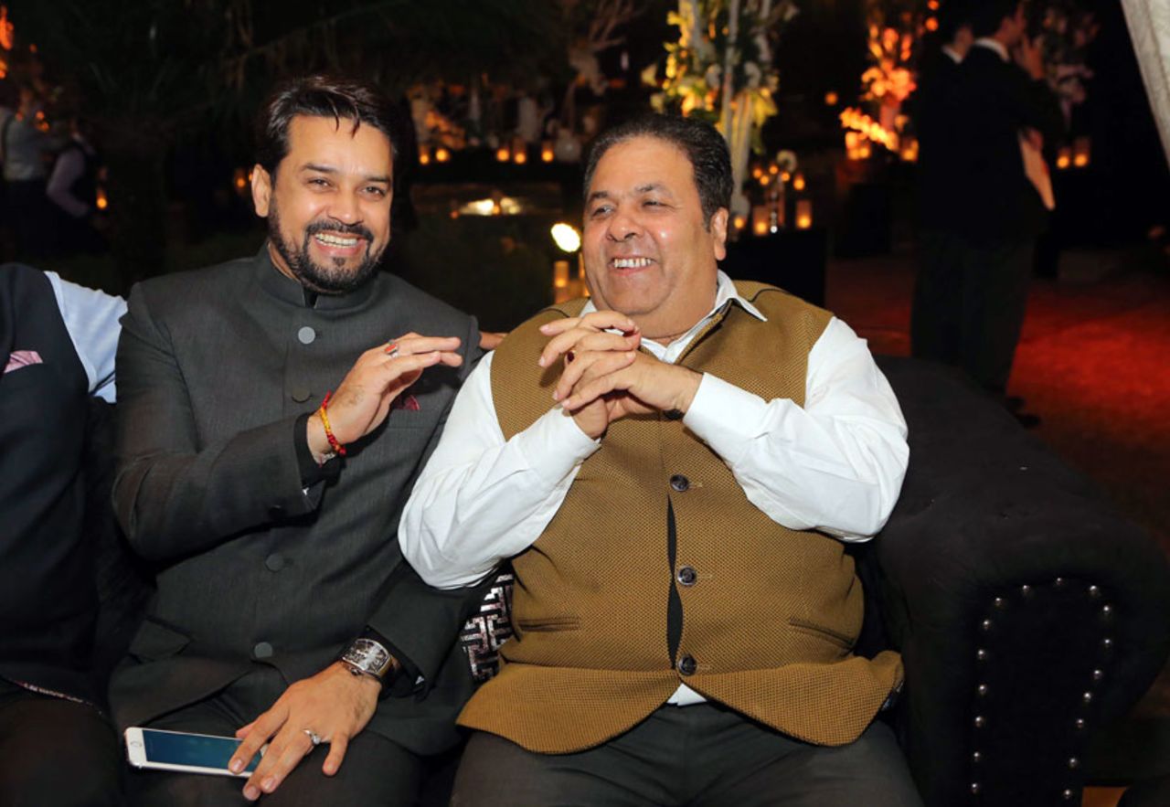 Anurag Thakur and Rajiv Shukla share a laugh at a cultural event, Delhi, December 1, 2016