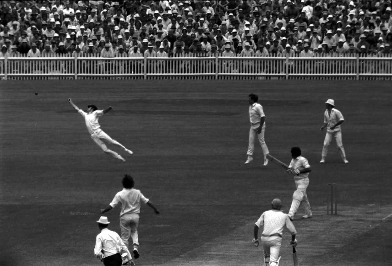 Greg Chappell dives and deflects a shot from Farokh Engineer, Australia v World XI, 4th Test, Sydney, 2nd day, January 9, 1972