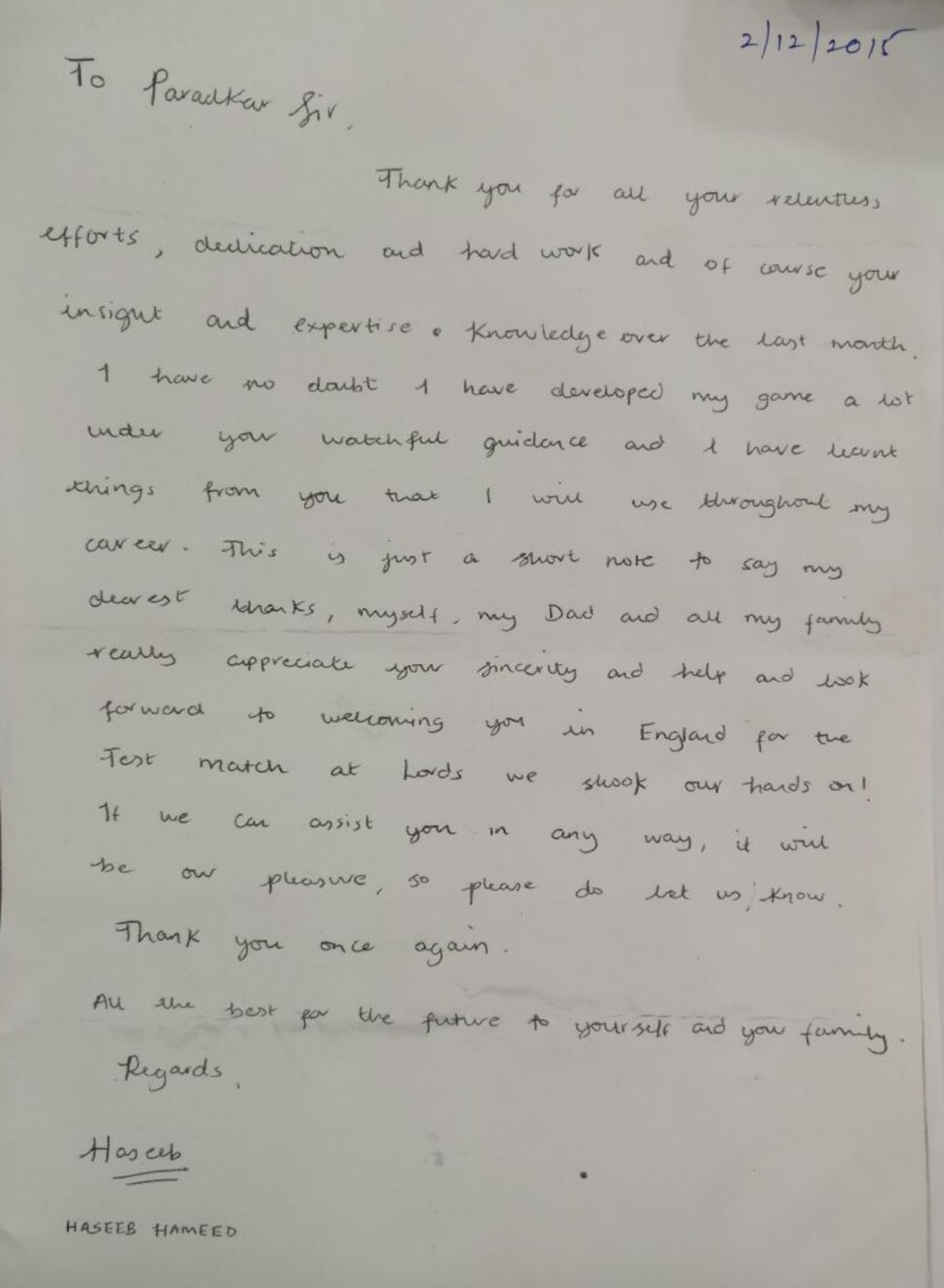A copy of a handwritten letter from Haseeb Hameed to his Mumbai coach Vidyadhar Paradkar, Mumbai, December 2, 2015