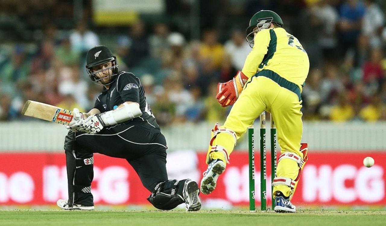 Kane Williamson settles on one knee before gliding the ball behind the wickets, Australia v New Zealand, 2nd ODI, Canberra, December 6, 2016