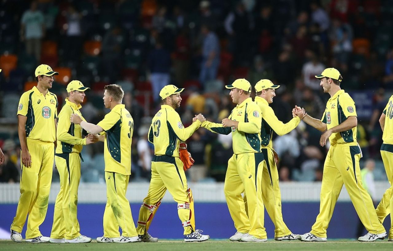 Australian players celebrate after winning the match and clinching the Chappell-Hadlee series, Australia v New Zealand, 2nd ODI, Canberra, December 6, 2016