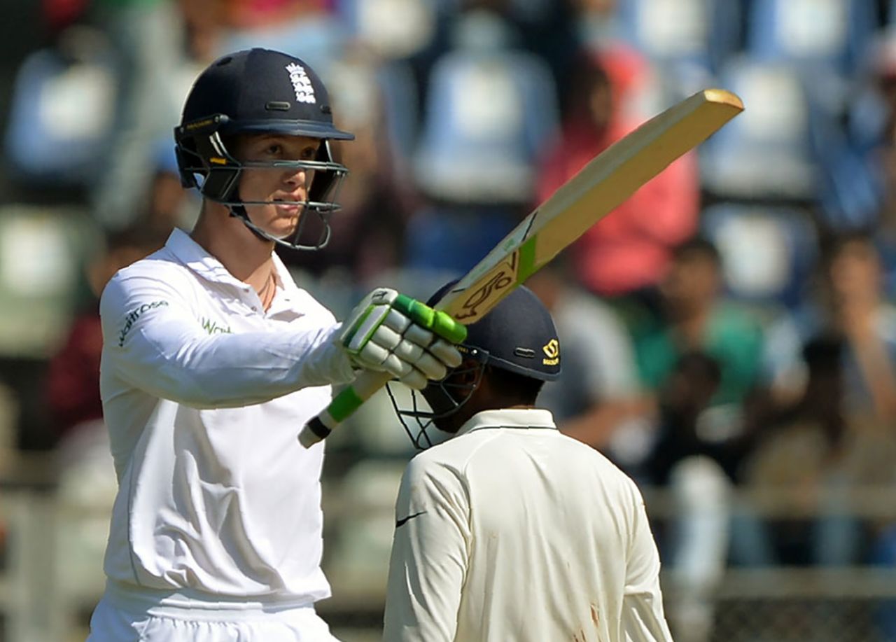 Keaton Jennings brought up a half-century in his first Test innings, India v England, 4th Test, Mumbai, 1st day, December 8, 2016