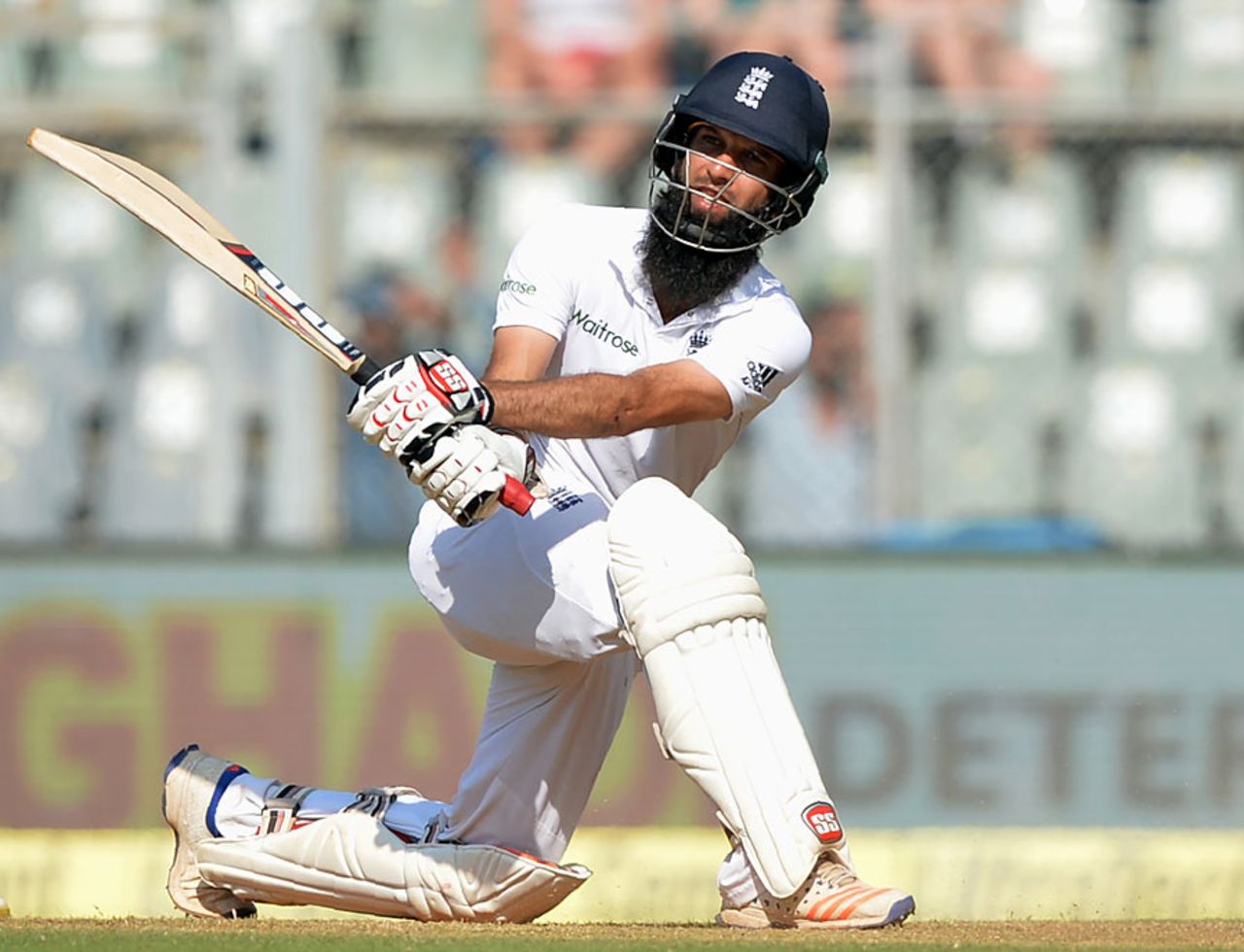 Moeen Ali made 50 before falling to a top-edged sweep, India v England, 4th Test, Mumbai, 1st day, December 8, 2016