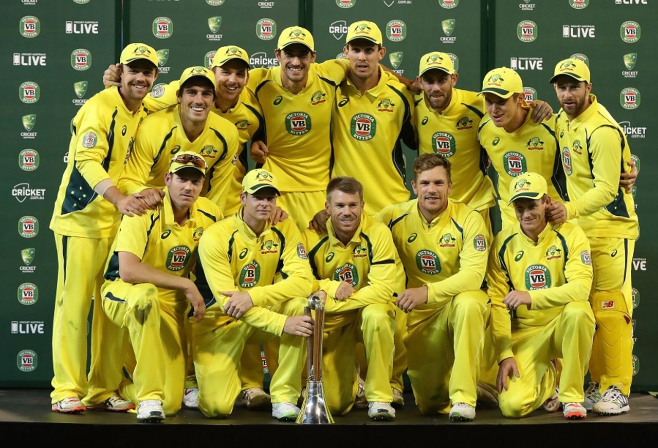 Australia pose with the Chappell-Hadlee trophy after sweeping the series 3-0, Australia v New Zealand, 3rd ODI, Melbourne, December 9, 2016