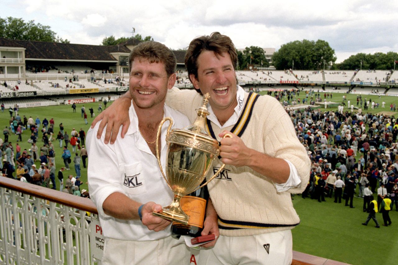Robin Smith and Mark Nicholas celebrate with the Benson and Hedges Cup, Hampshire v Kent, Lord's, July 12, 1992