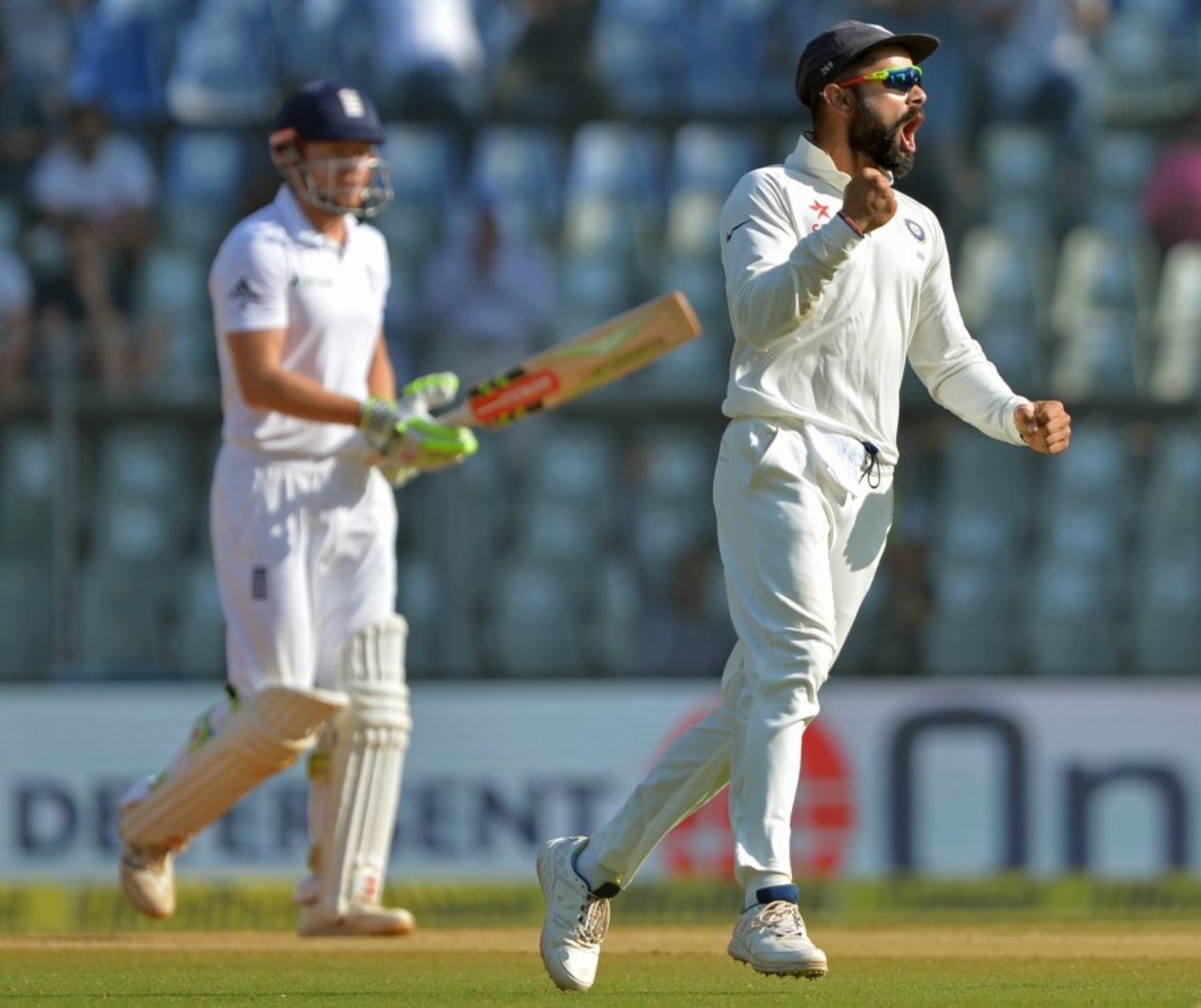 Virat Kohli celebrates Jonny Bairstow's wicket, India v England, 4th Test, Mumbai, 5th day, December 12, 2016