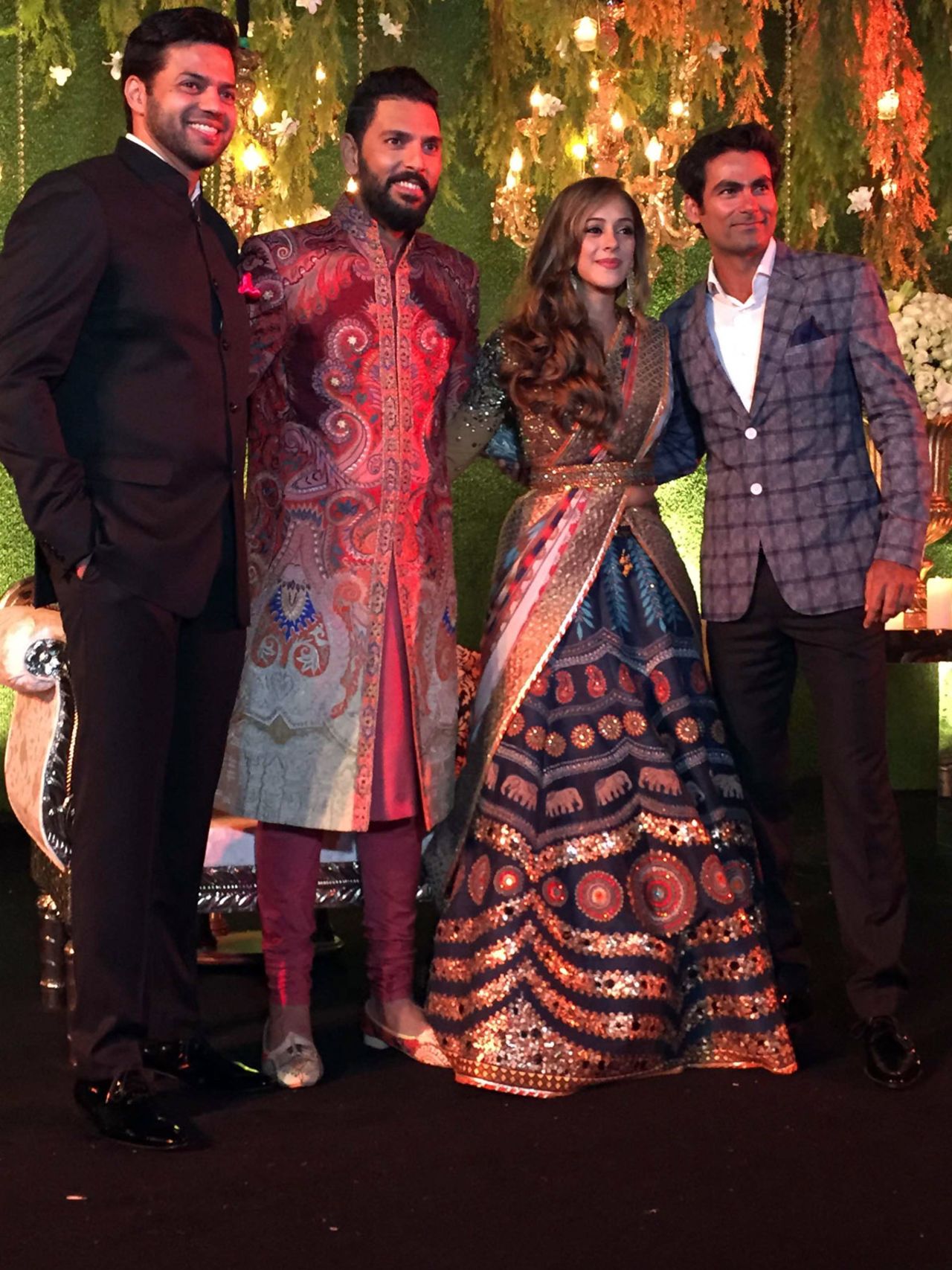 Mohammad Kaif with Yuvraj Singh and his wife Hazel Keech at their wedding reception, Delhi, December 7, 2016