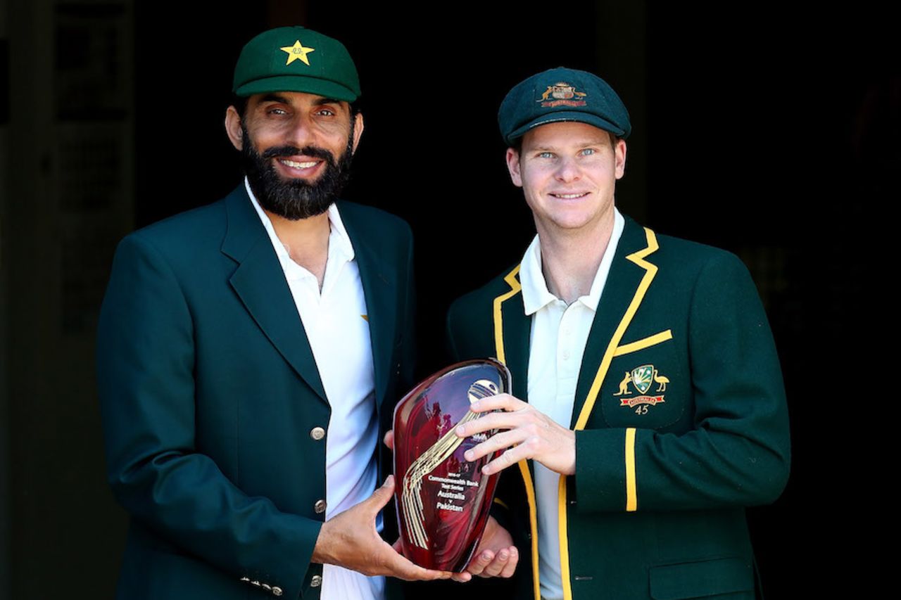 Misbah-ul-Haq and Steven Smith are all smiles with the series trophy, Brisbane, December 14, 2016