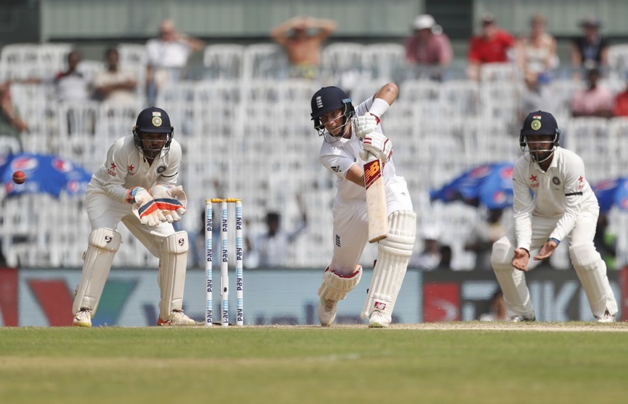 Joe Root opens the face of his bat, India v England, 5th Test, Chennai, 1st day, December 16, 2016