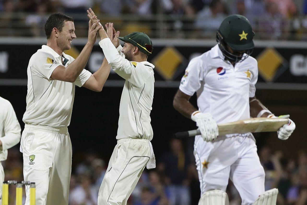 Nathan Lyon congratulates Josh Hazlewood on dismissing Wahab Riaz, Australia v Pakistan, 1st Test, Brisbane, 2nd day, December 16, 2016