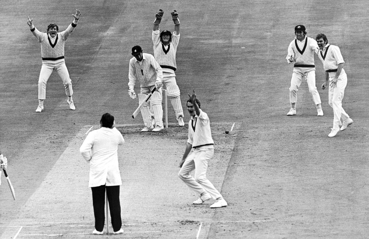 Ashley Mallett and the Australian fielders appeal for Keith Fletcher's wicket, England v Australia, 4th Test, Headingley, 2nd day, July 28, 1972