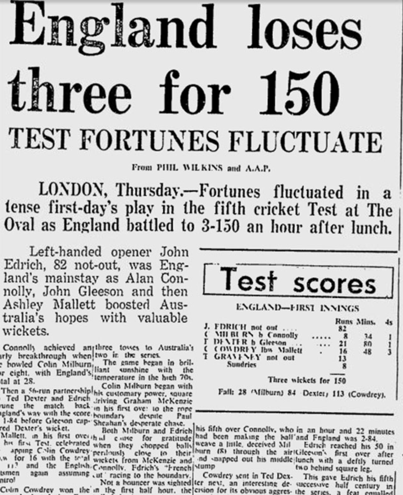 A news report from the <i>Sydney Morning Herald</b> from the fifth Ashes Test at The Oval, 1968, England v Australia, 5th Test, The Oval, August 23, 1968