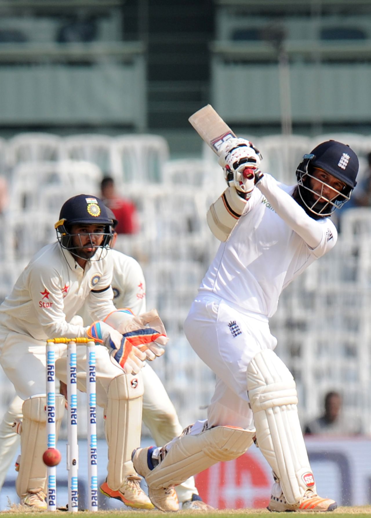 Moeen Ali powers one through the leg side, India v England, 5th Test, Chennai, 2nd day, December 17, 2016