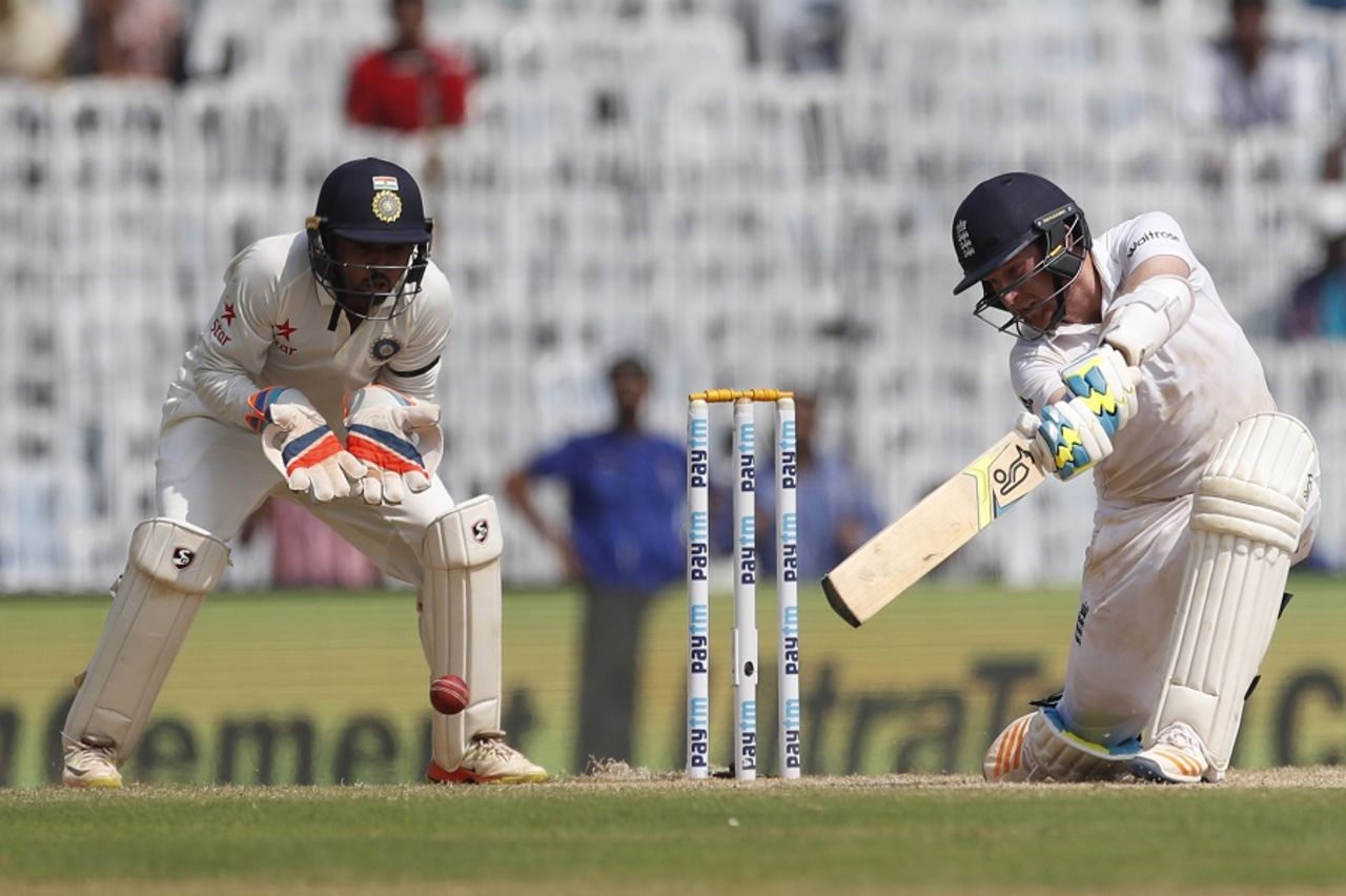 Liam Dawson flays the ball through the covers, India v England, 5th Test, Chennai, 2nd day, December 17, 2016