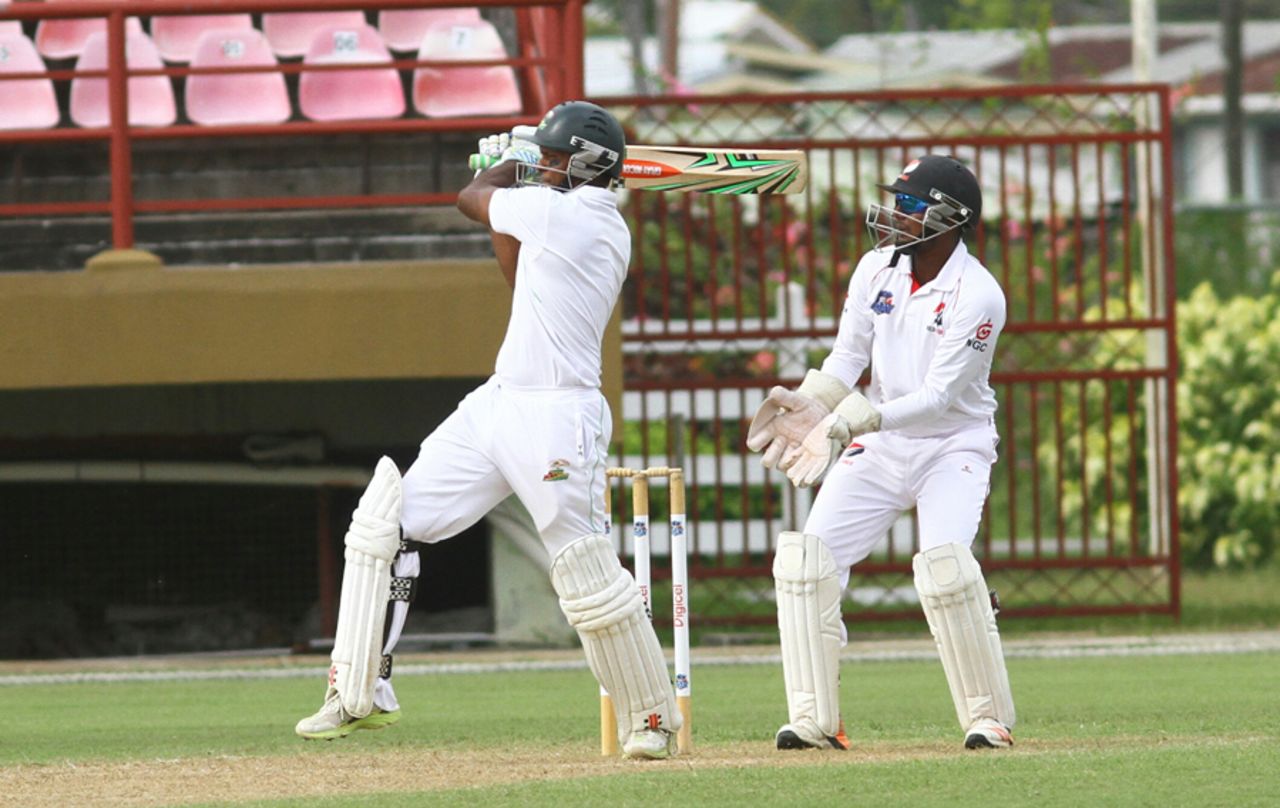 Shivnarine Chanderpaul plays a pull shot during his century, Guyana v Trinidad & Tobago, WICB Professional Cricket League Regional 4-Day Tournament, 2nd day, Providence, December 17, 2016 