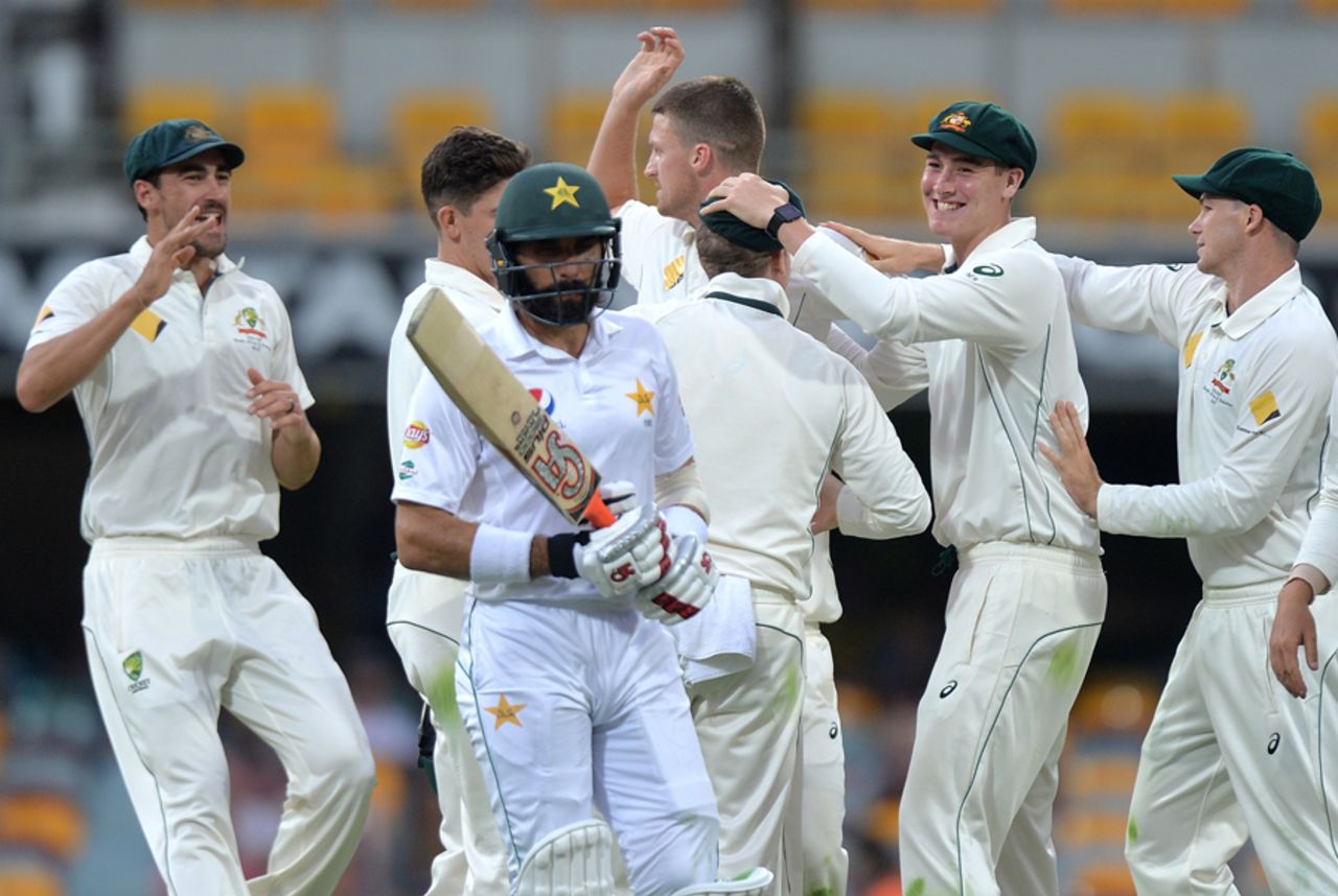 Misbah-ul-Haq walks back as the Australians celebrate his wicket, Australia v Pakistan, 1st Test, Brisbane, 4th day, December 18, 2016