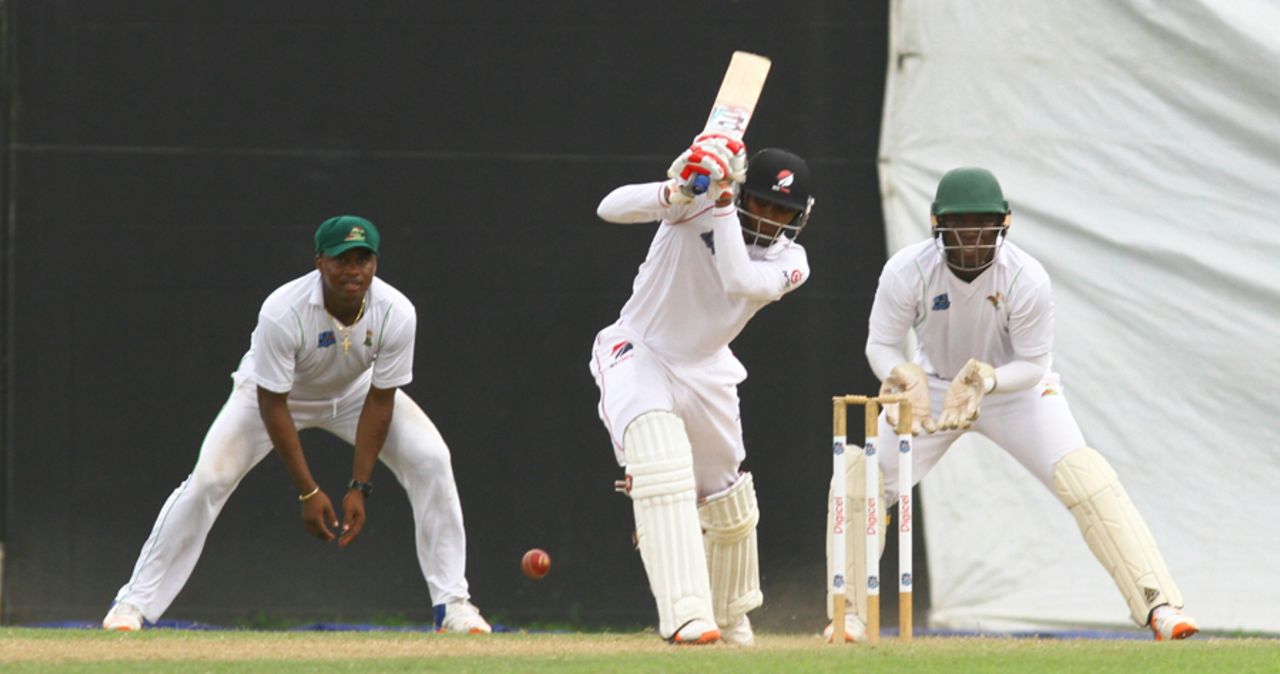 Isaiah Rajah drives down the ground, Guyana v Trinidad & Tobago, WICB Professional Cricket League Regional 4-Day Tournament, 3rd day, Providence, December 18, 2016 