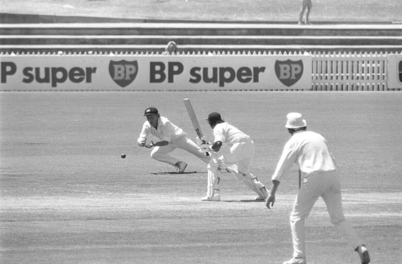 Syed Kirmani plays a shot off Wayne Clark, Australia v India, 5th Test, Adelaide, 6th day, February 3, 1978