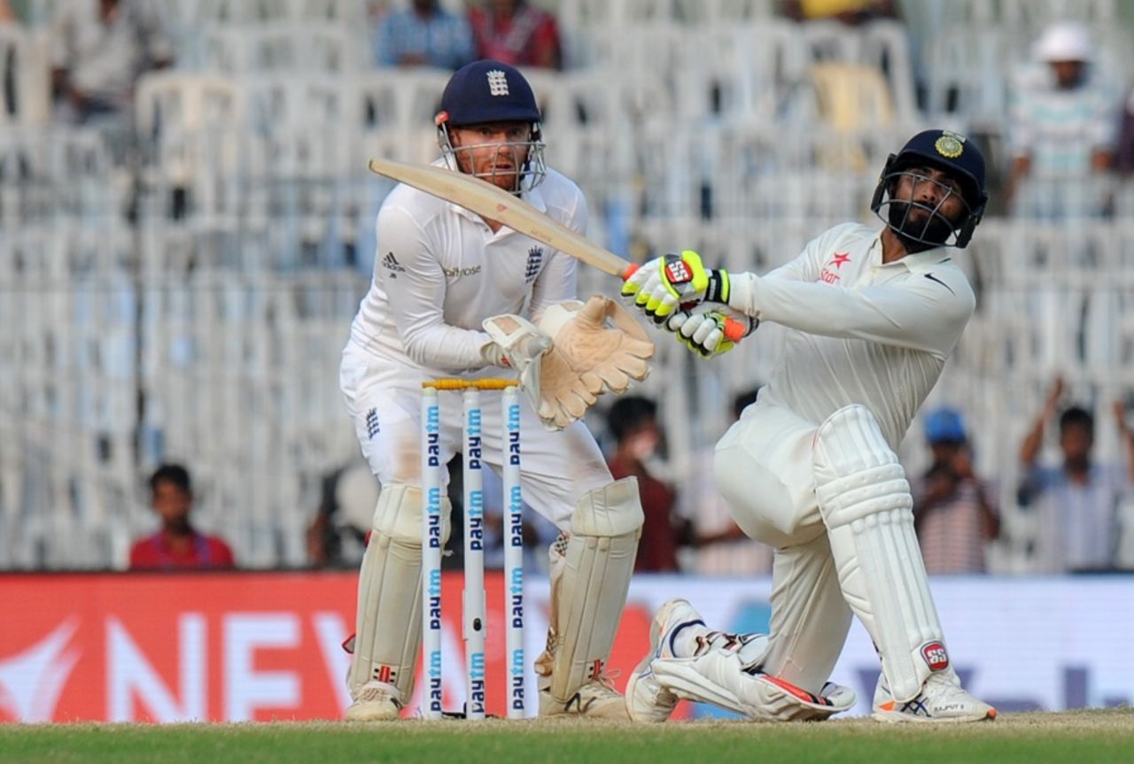 Ravindra Jadeja hits a slog sweep, India v England, 5th Test, Chennai, 3rd day, December 18, 2016