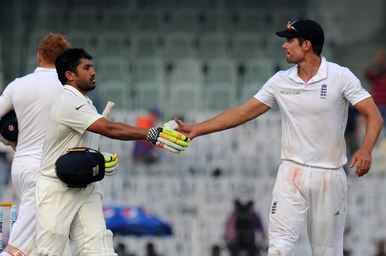 Karun Nair receives a handshake from Alastair Cook after his 303 not out, India v England, 5th Test, Chennai, 3rd day, December 18, 2016