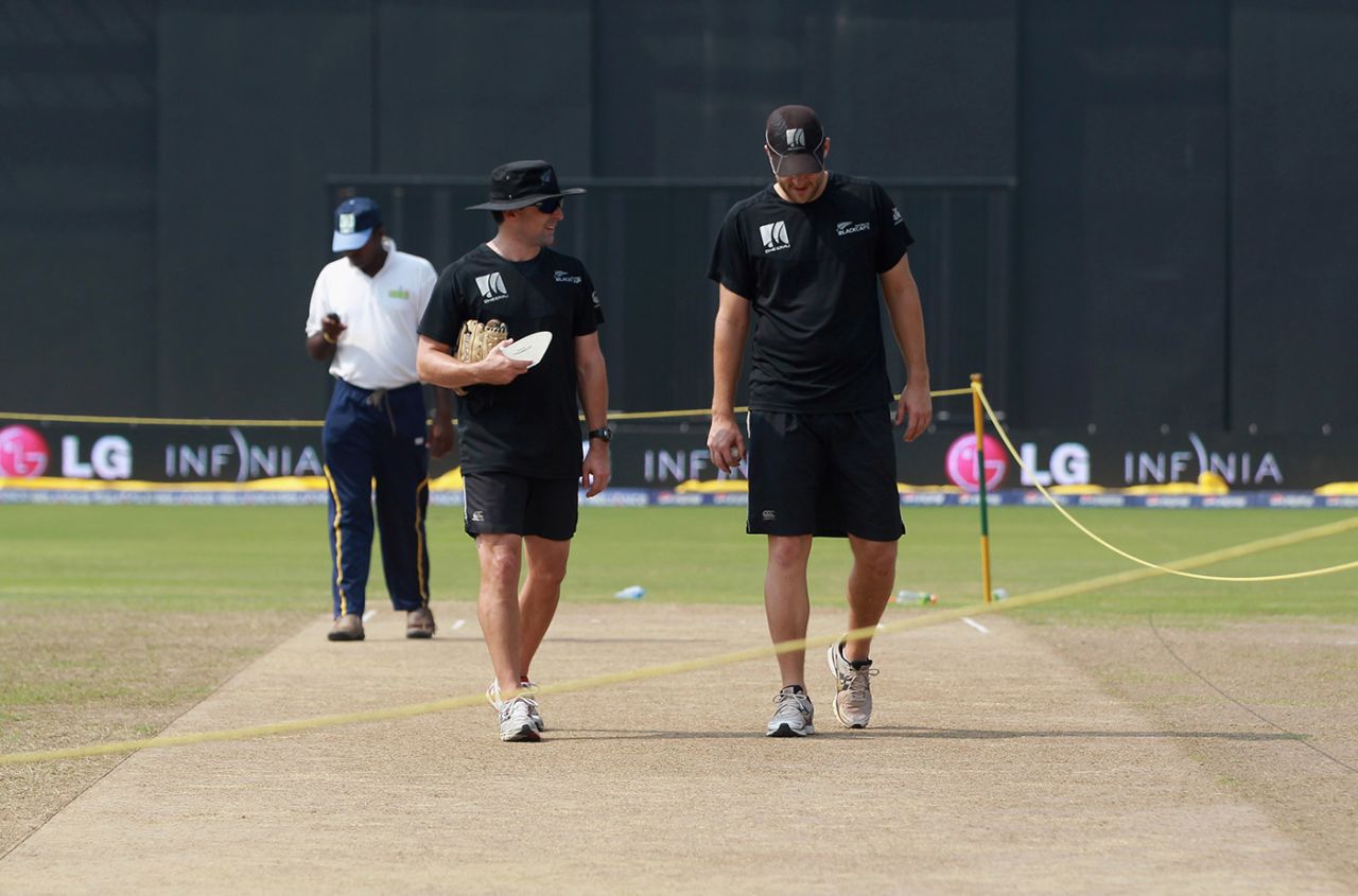 Trent Woodhill and Daniel Vettori walk on the pitch during the nets session ahead of the semi-final, Sri Lanka v New Zealand, World Cup, R Premadasa Stadium, Colombo, March 28, 2011