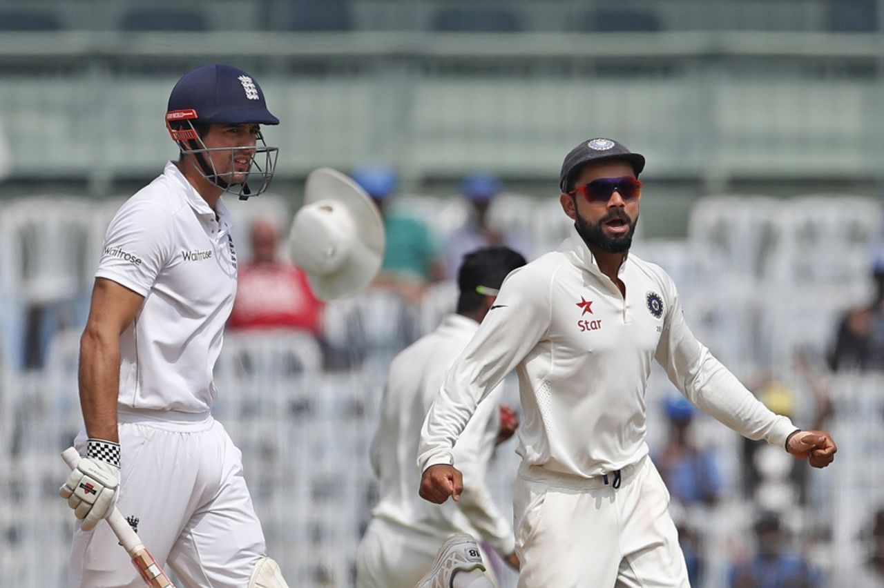 Virat Kohli celebrates as Alastair Cook is caught at leg slip, India v England, 5th Test, Chennai, 5th day, December 20, 2016
