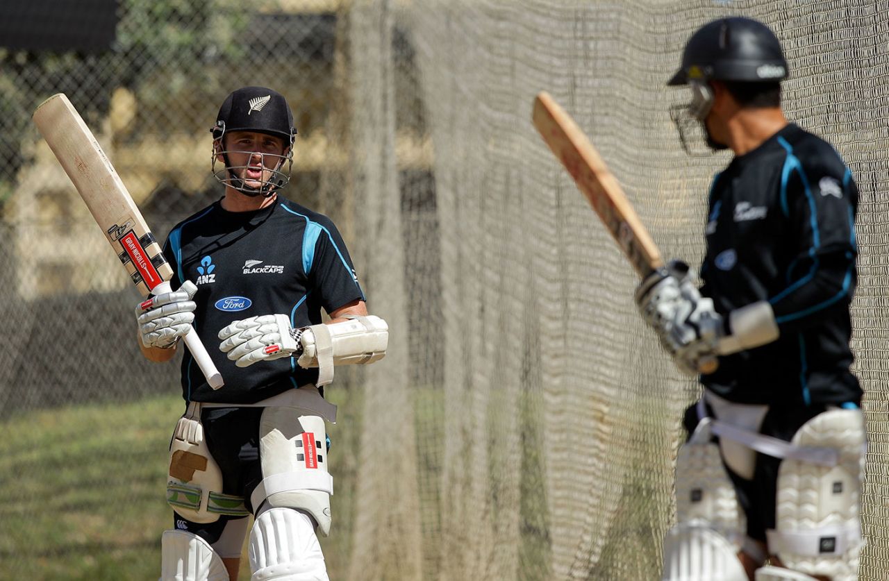 Kane Williamson and Ross Taylor chat in the nets, Wellington, March 12, 2013