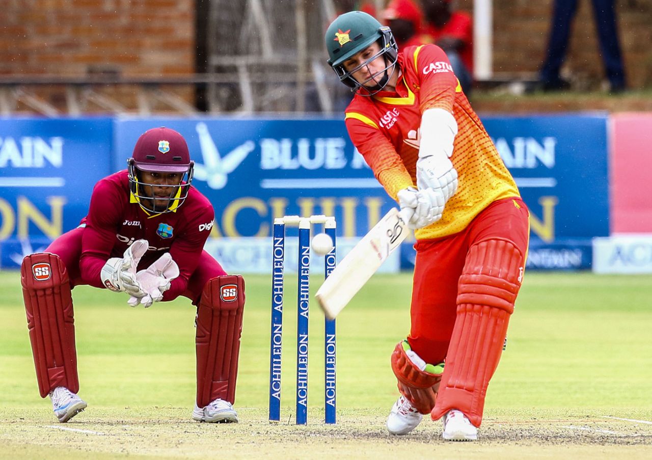 Peter Moor plays a shott, Zimbabwe v West Indies, tri-series, Bulawayo, November 25, 2016