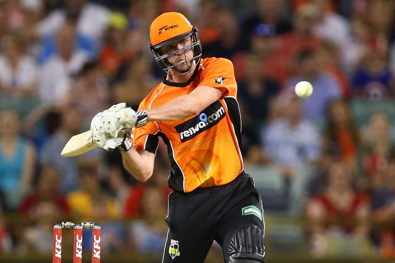 Ashton Turner launches into one during his cameo, Perth Scorchers v Adelaide Strikers, Big Bash League, Perth, December 23, 2016