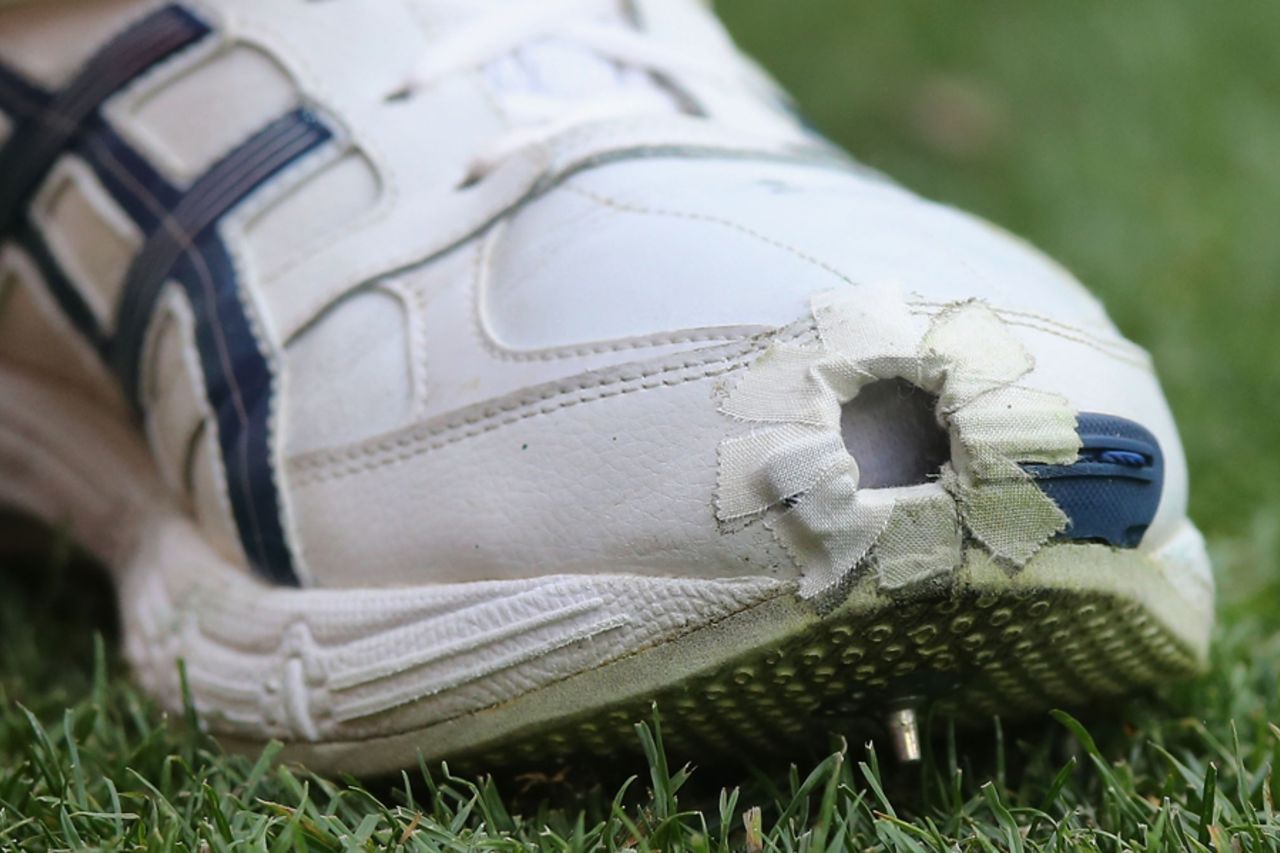 A custom hole in the shoe of Josh Hazlewood to ease the load on his foot, Australia v Pakistan, 2nd Test, 1st day, Melbourne, December 26, 2016