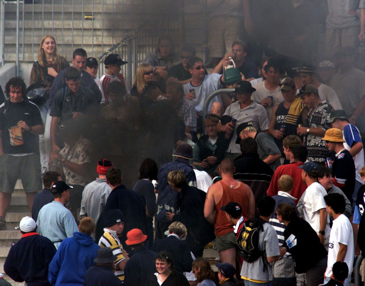 Smoke emerges from the stands in Carisbrook, New Zealand v Australia, 3rd ODI, Dunedin, February 23, 2000