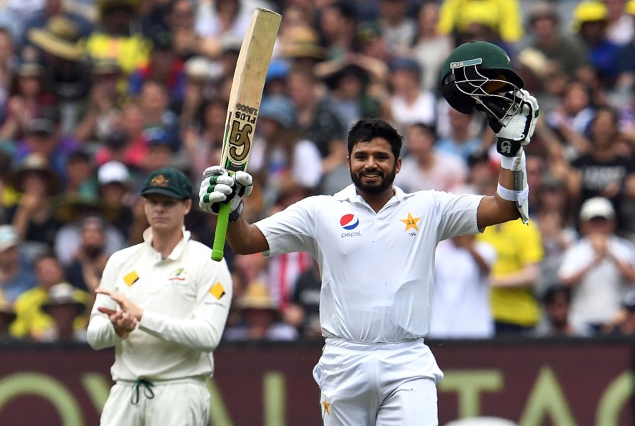 Azhar Ali celebrates his hundred, while Steven Smith applauds in the background, Australia v Pakistan, 2nd Test, 2nd day, Melbourne, December 27, 2016