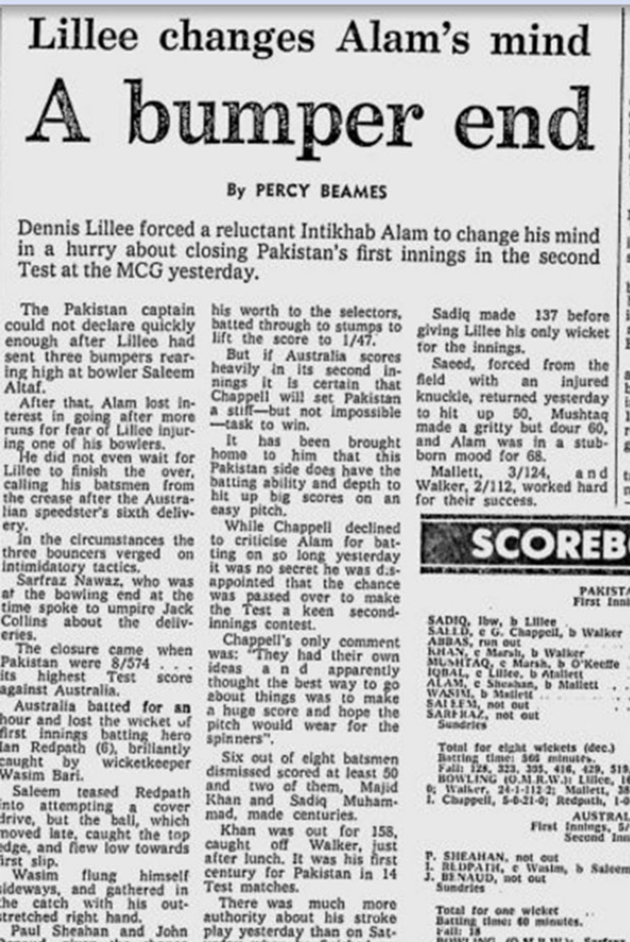 A newspaper report about how Dennis Lillee's bouncer barrage to the Pakistan tailenders promoted captain Intikhab Alam to declare the innings, Australia v Pakistan, 2nd Test, Melbourne January 3, 1973